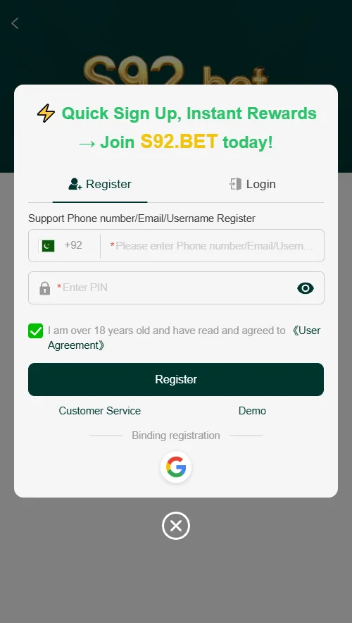 S92 Bet Game Register